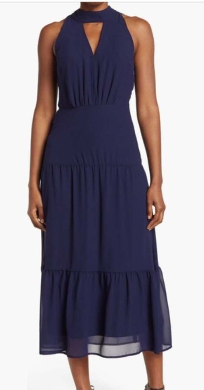 Sam Edelman Halter Neck Tiered Maxi Midi Dress Size 4 Navy Blue